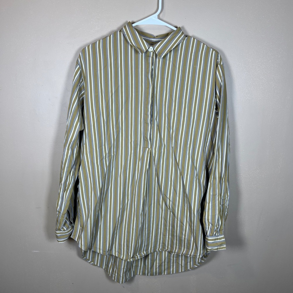 Anthropologie Striped Button Down Tunic Top Olive Green Blue Side Slit Small
